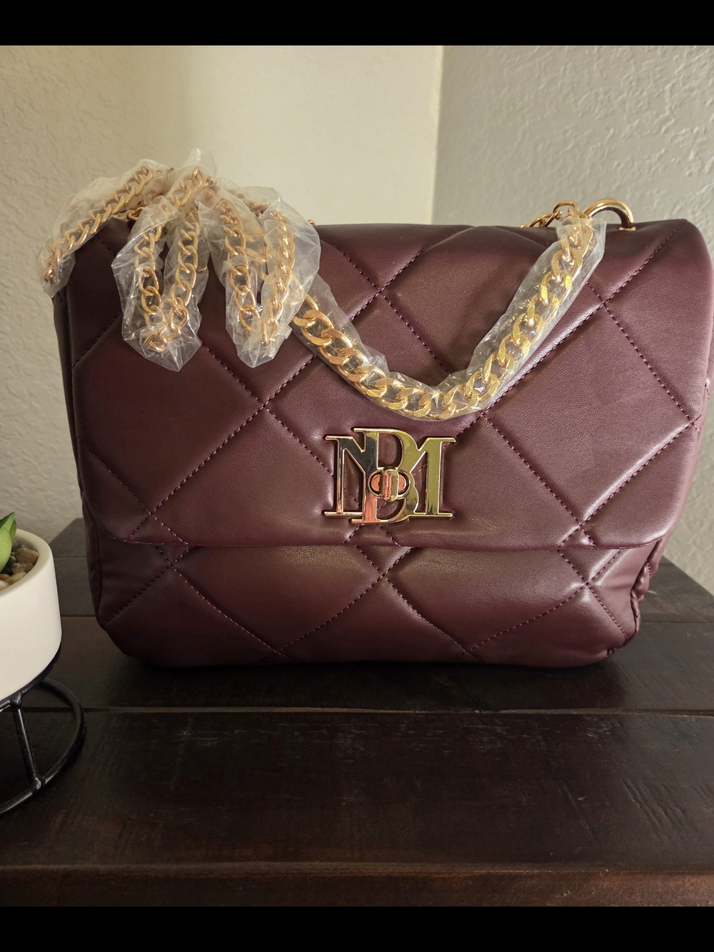 Badgley Mischka Quilted Burgundy Crossbody with Gold Chain